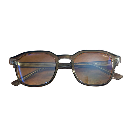 Eyeglasses on a wooden surface with a white background